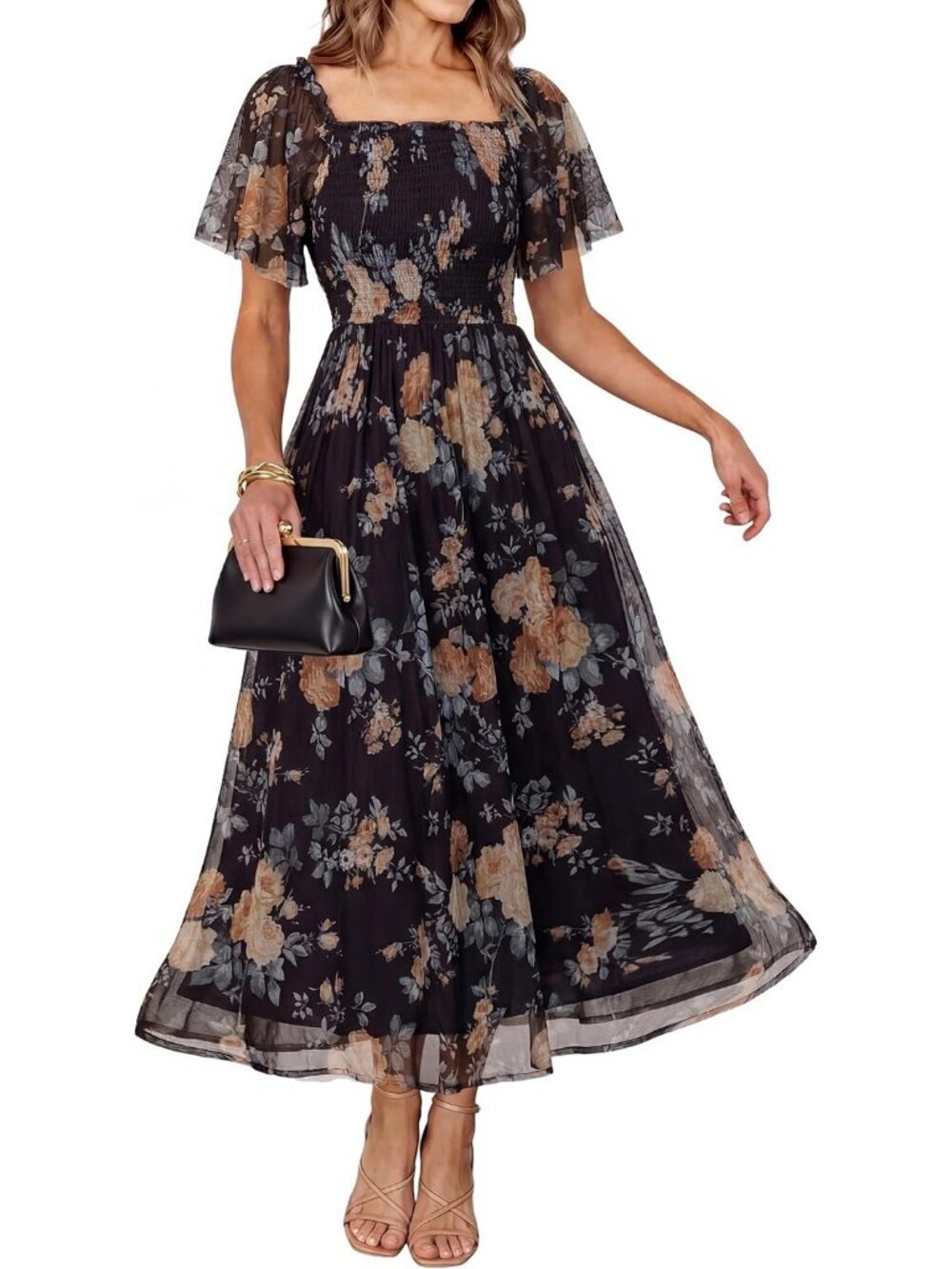 Women's Floral Black Yellow Green Beige Square Neck Mesh Smocked Boho Maxi Dress